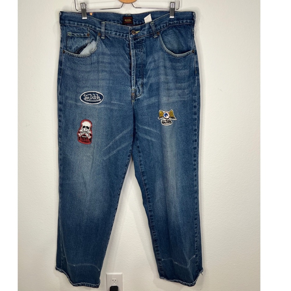 Von Dutch Mens Jeans Embroidered Graphic Patches Blue Size 38
